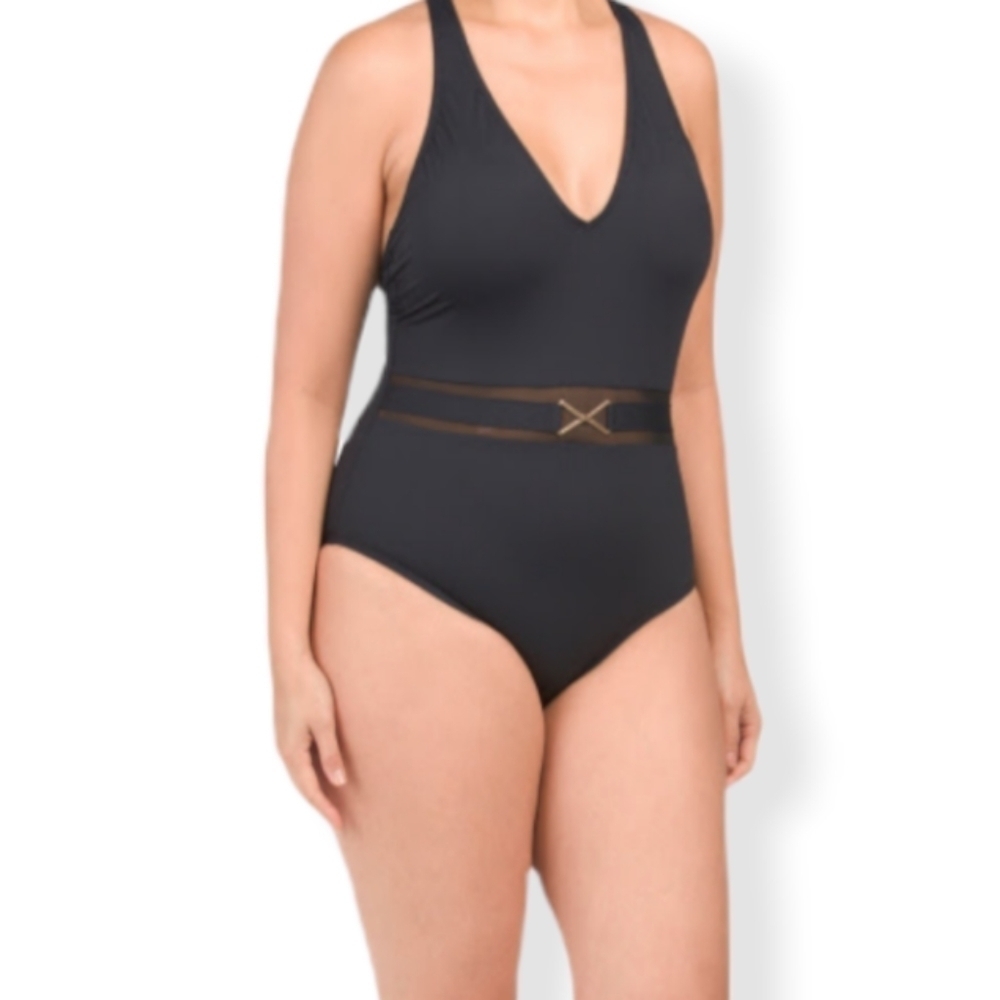 La Blanca Black One Piece Belted Swimsuit 18W